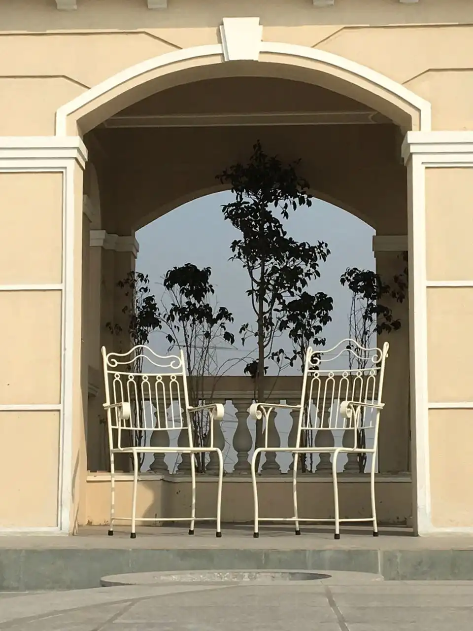 Seating areas with classic Roman architectural elements